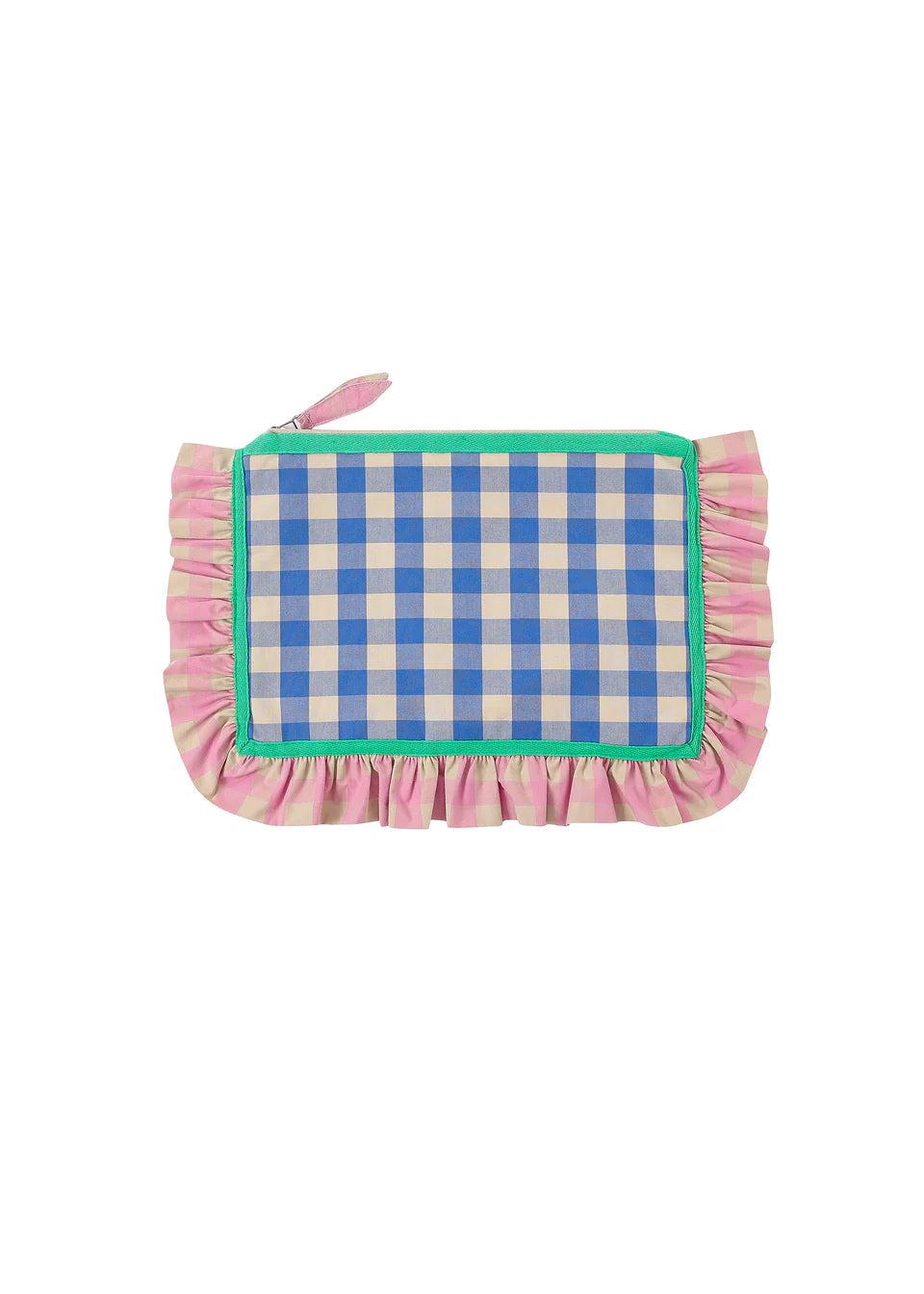 blue checkered pouch with a pink checkereed fringe