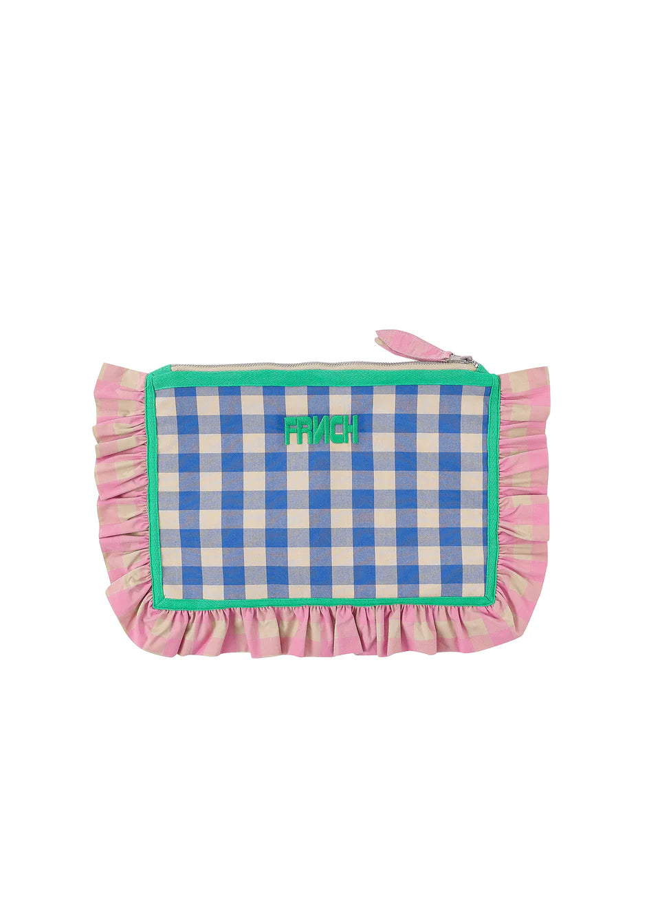 blue checkered pouch with a pink checkereed fringe