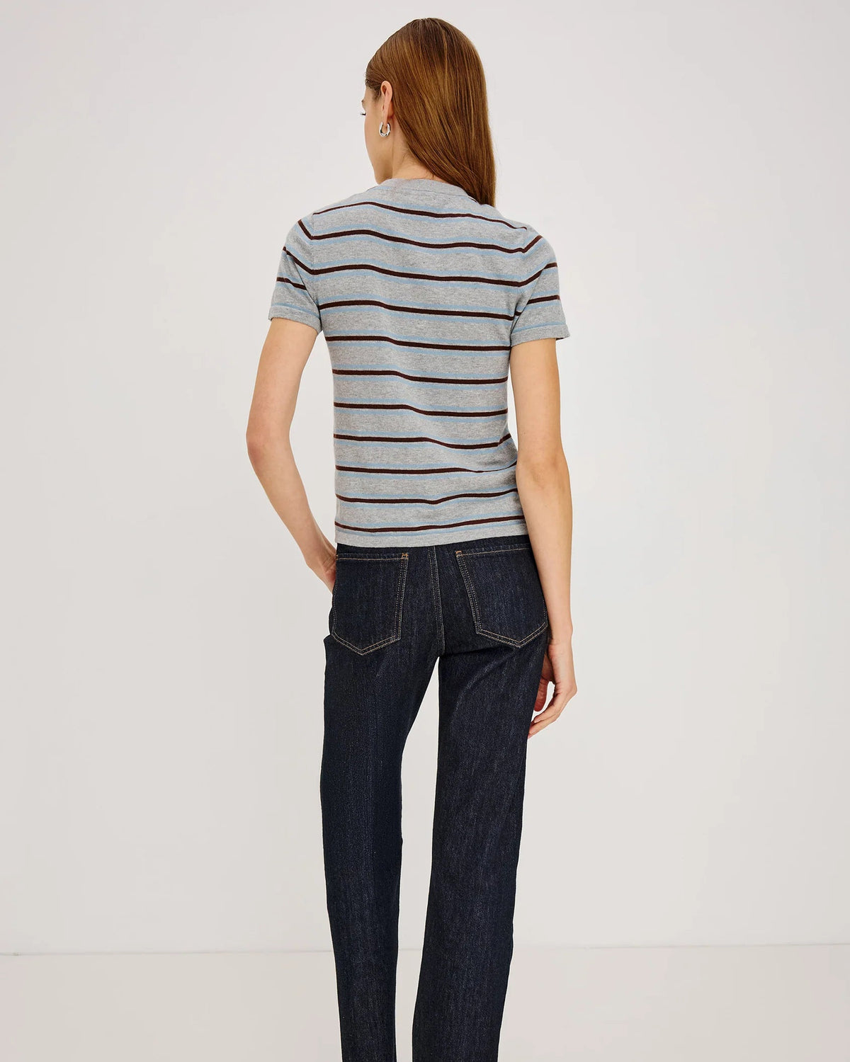 short sleeve cardigan in grey with blue and burgundy stripes