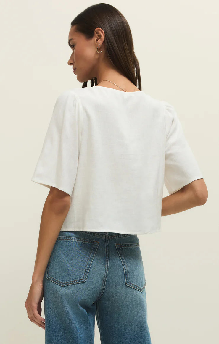 white linen short sleeve tie blouse