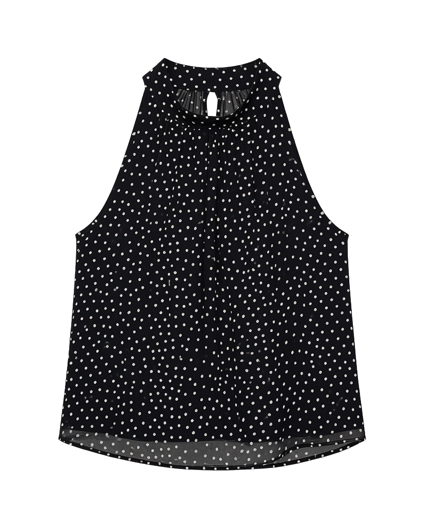 black sleeveless top with white polka dots