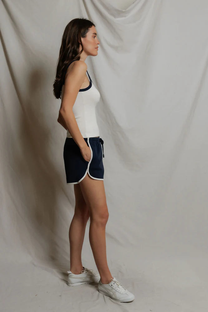navy lounge shorts with white trim