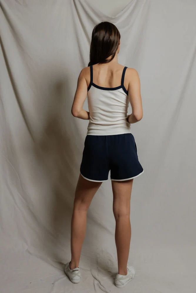 navy lounge shorts with white trim