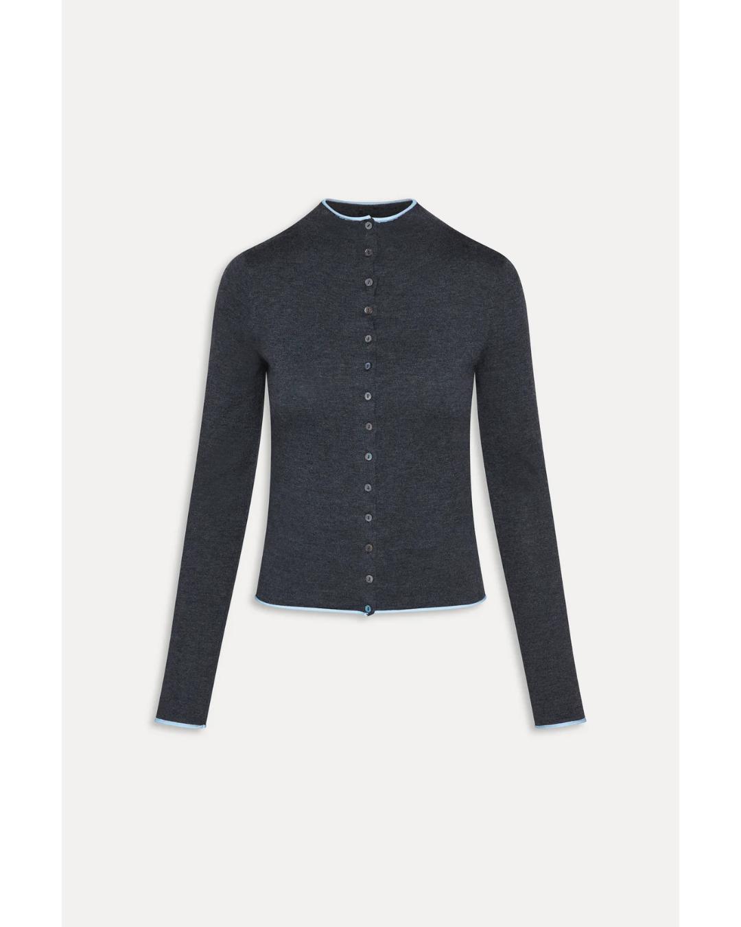 grey button up cardigan with blue details on the top and bottom
