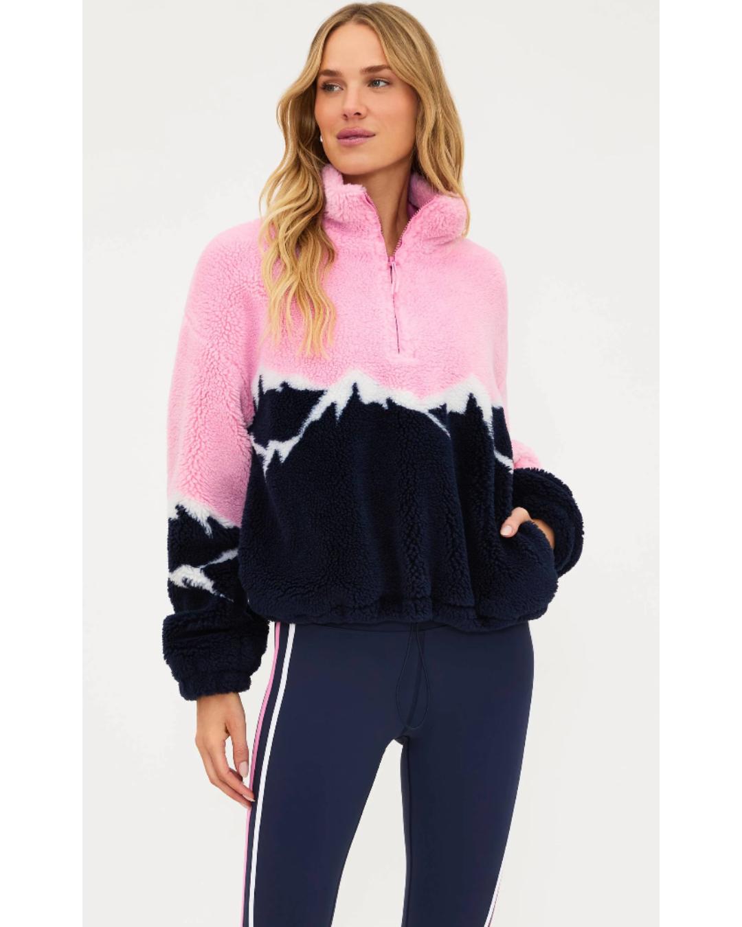 sherpa half zip sweater with mountain peaks in navy and pink