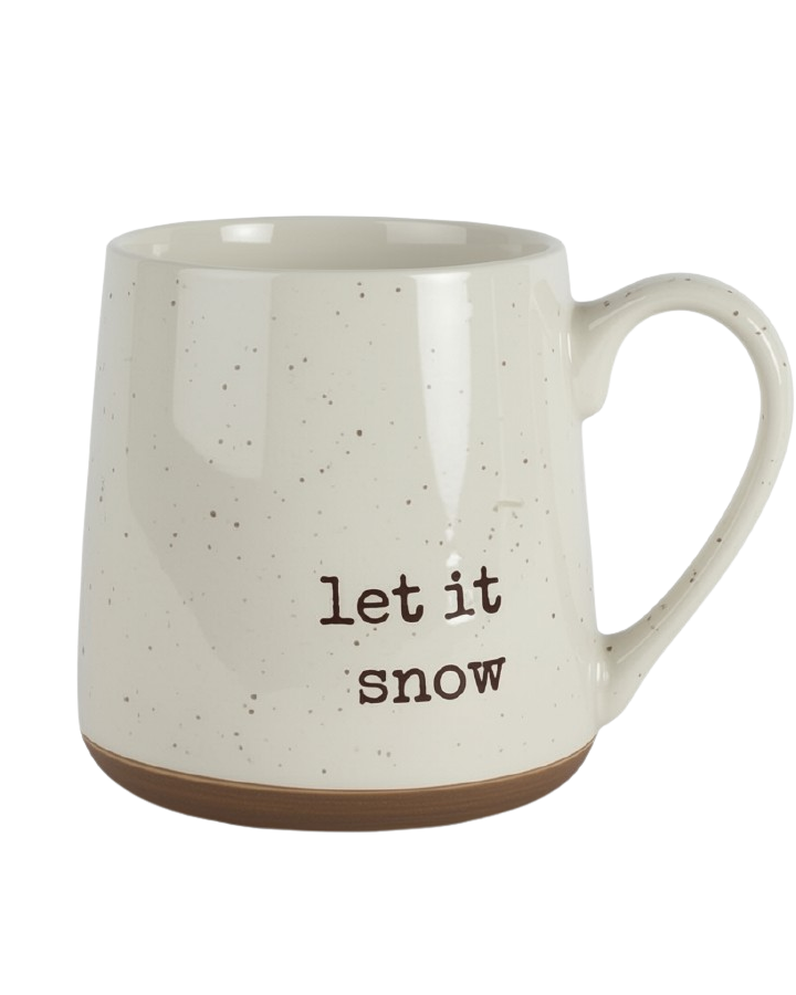 white speckled mug with text let it snow