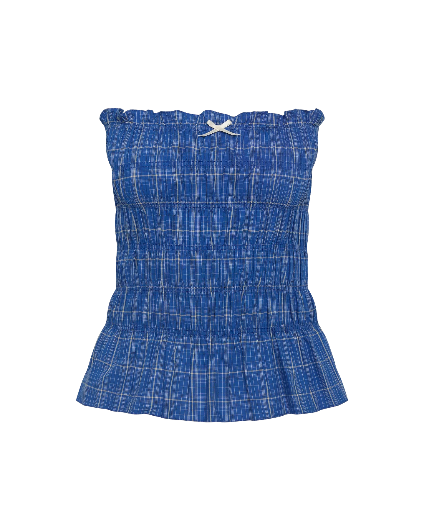 strapless ruched top in blue checked