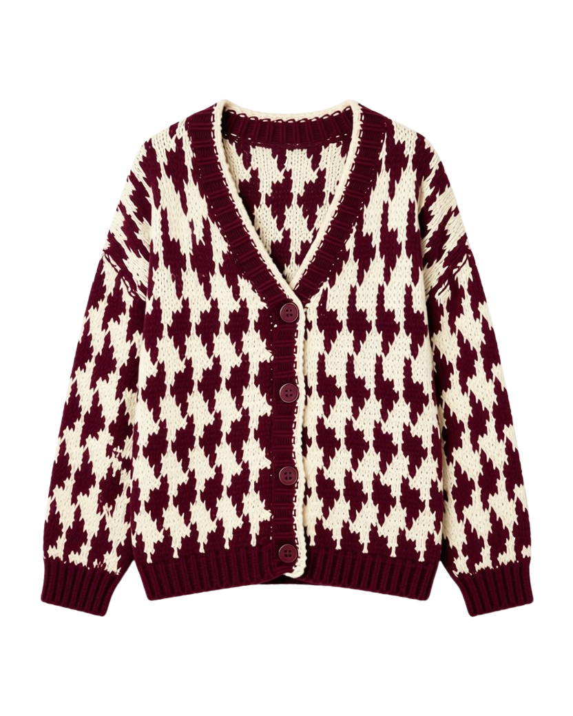 chunky knit cardigan in Burgundy and white houndstooth