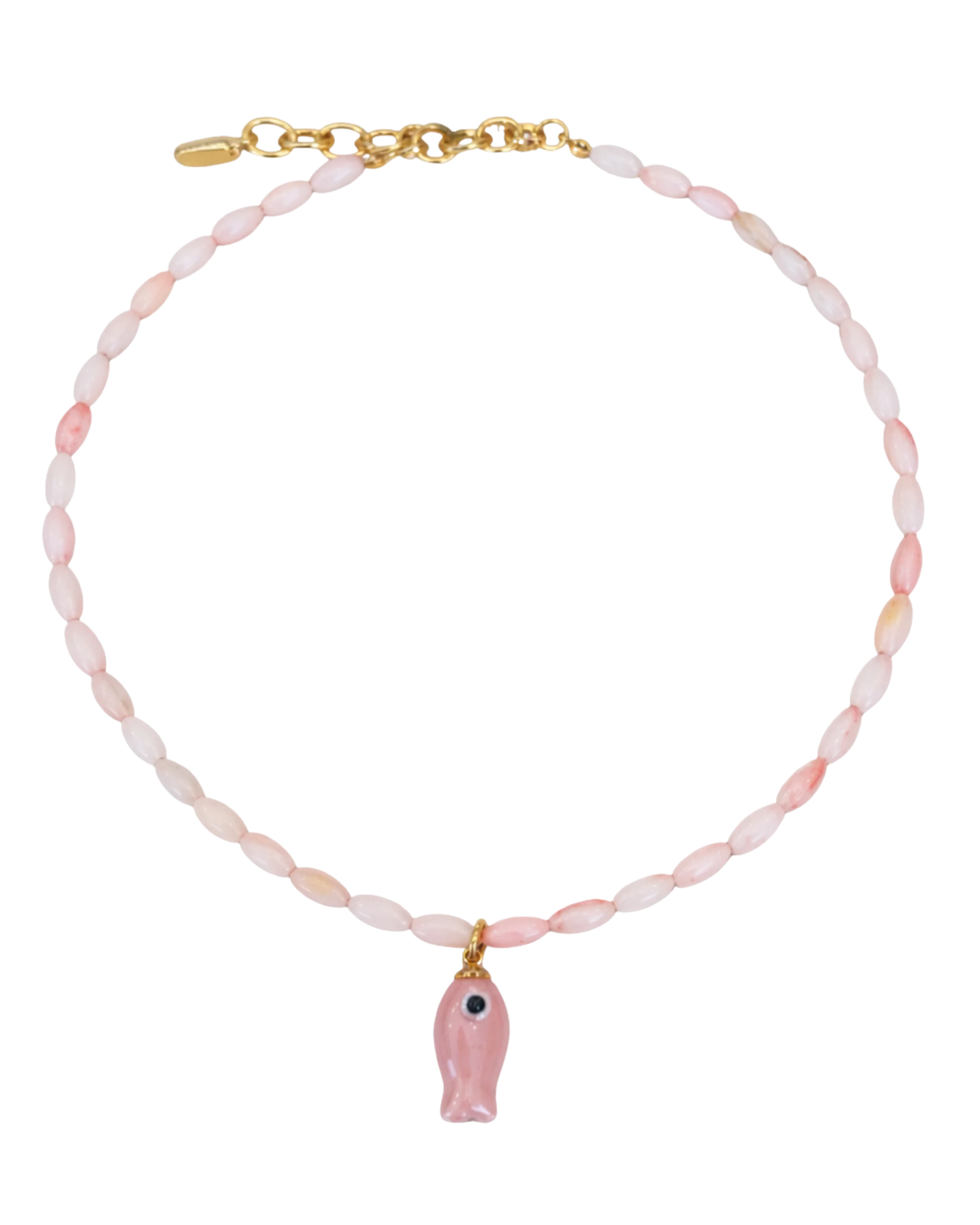 light pink beaded necklace with a pink fish pendant