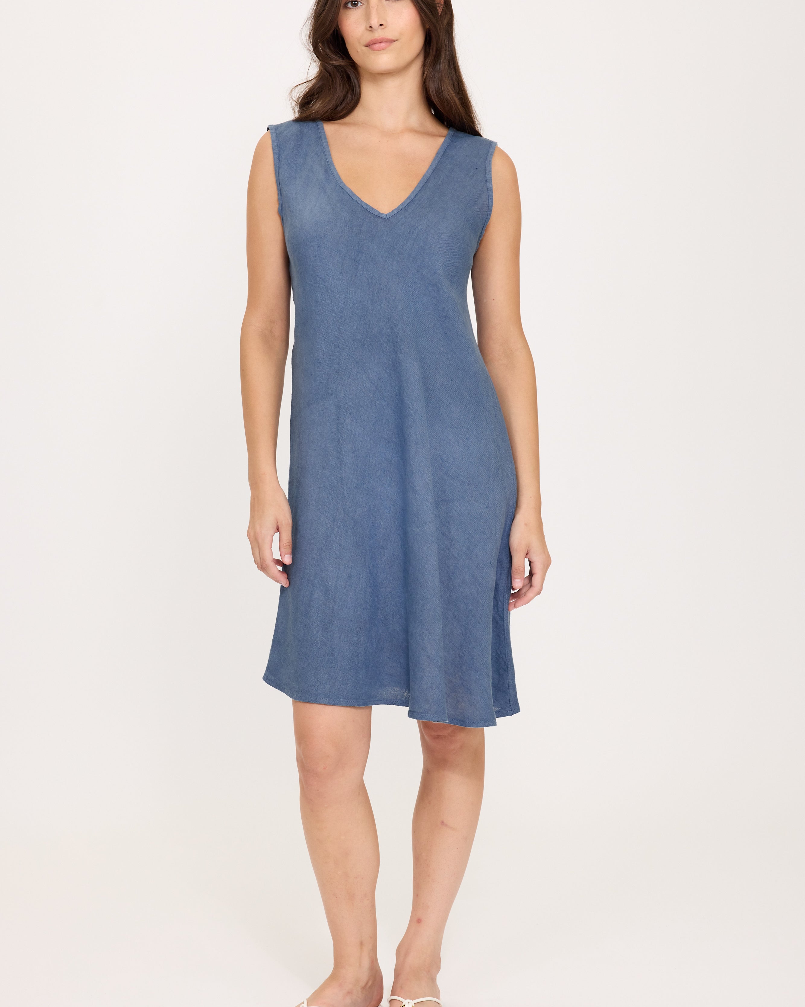linen blue dress cut on a bias
