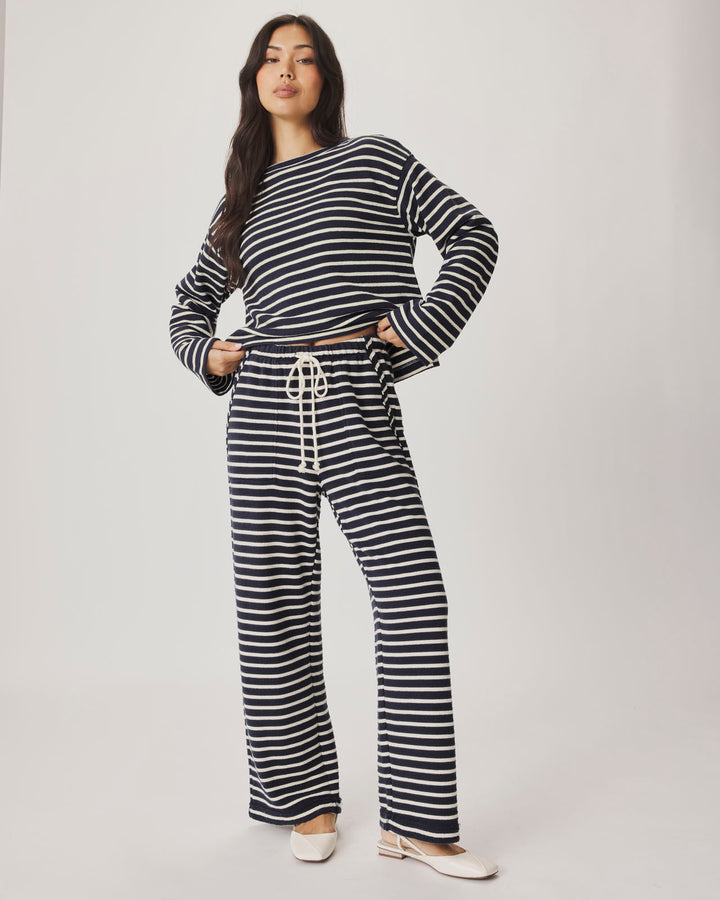 long sleeve shirt with navy and white stripes