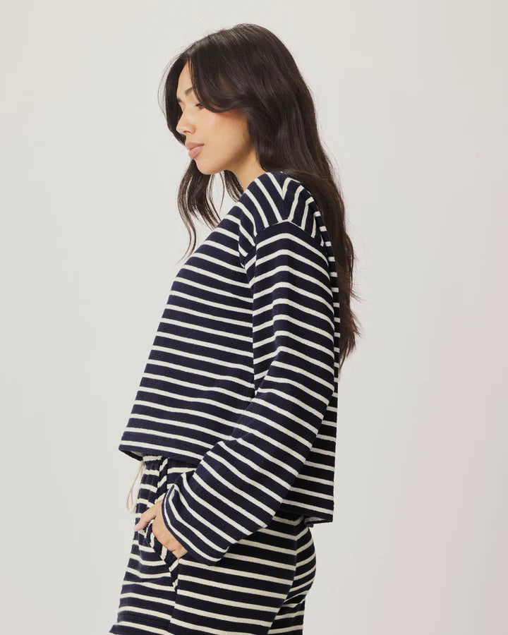 long sleeve shirt with navy and white stripes