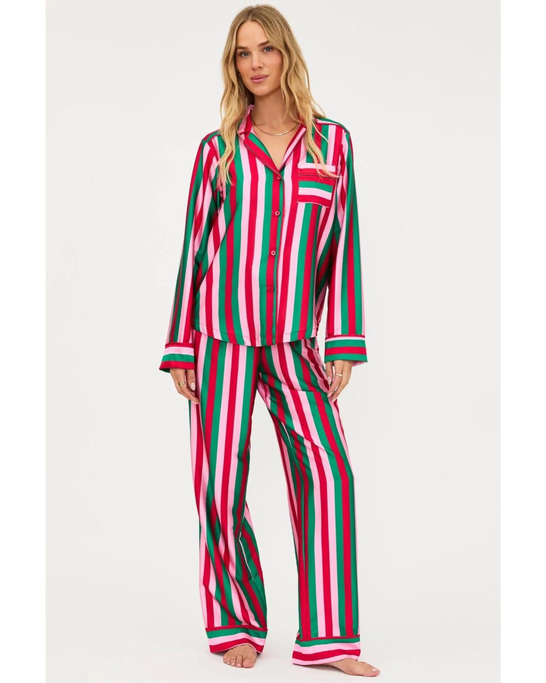 striped pjs set in pink, red and green
