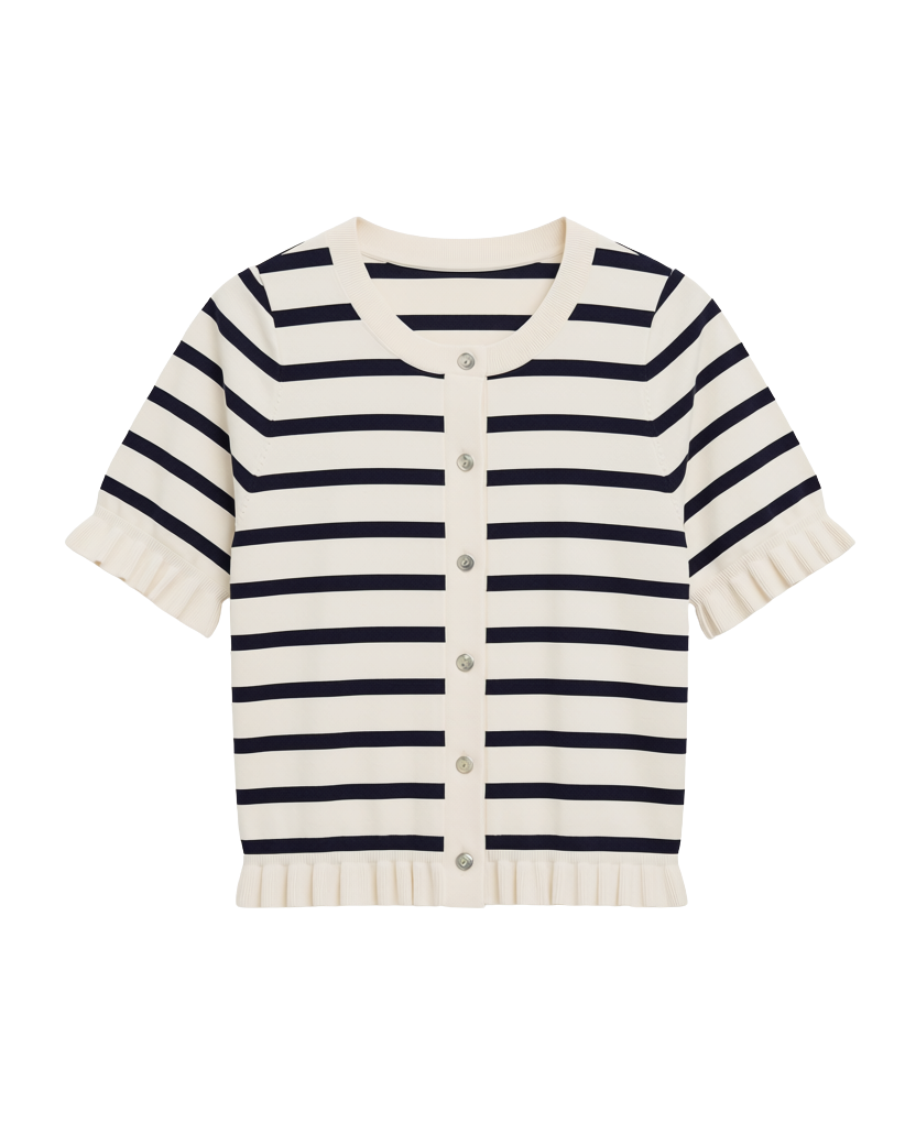 short sleeve sweater with white and navy stripes and a ruffle on the bottom of skirt and sleeves