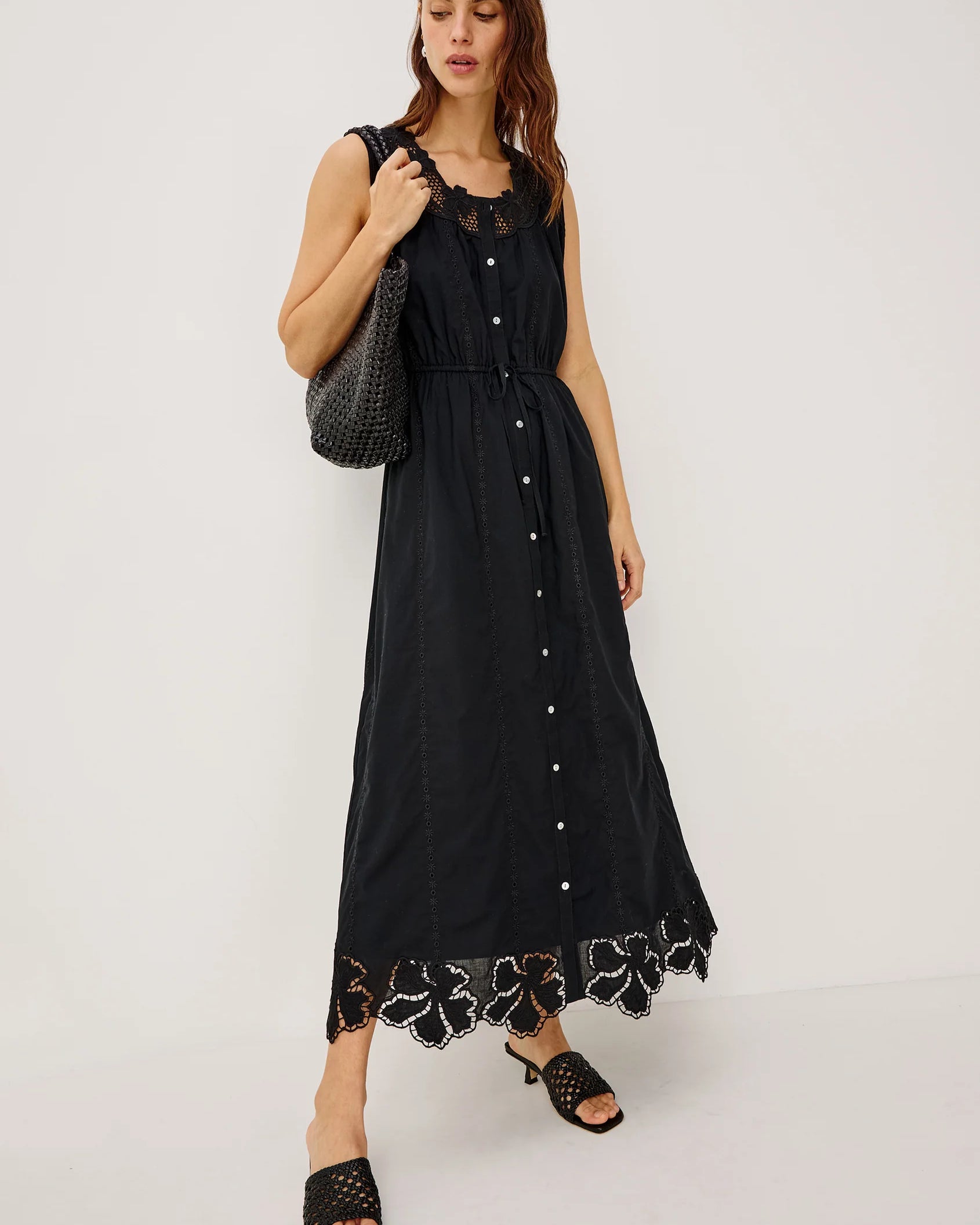 button brown sleeveless black midi dress