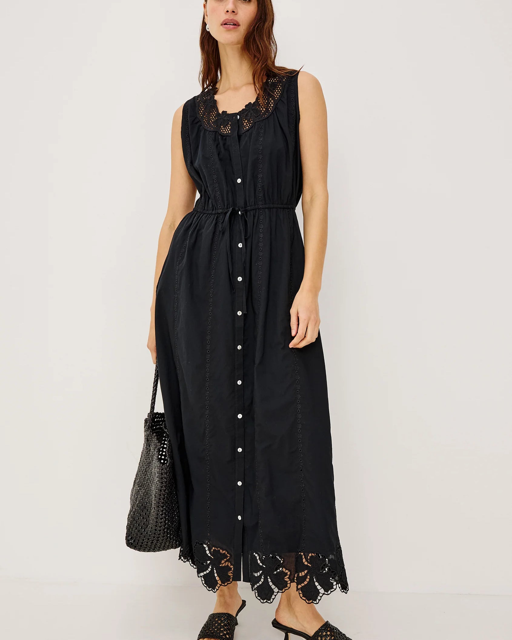 button brown sleeveless black midi dress