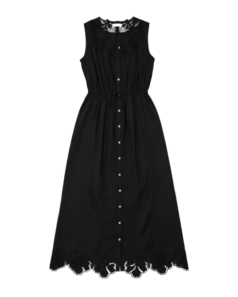 button brown sleeveless black midi dress