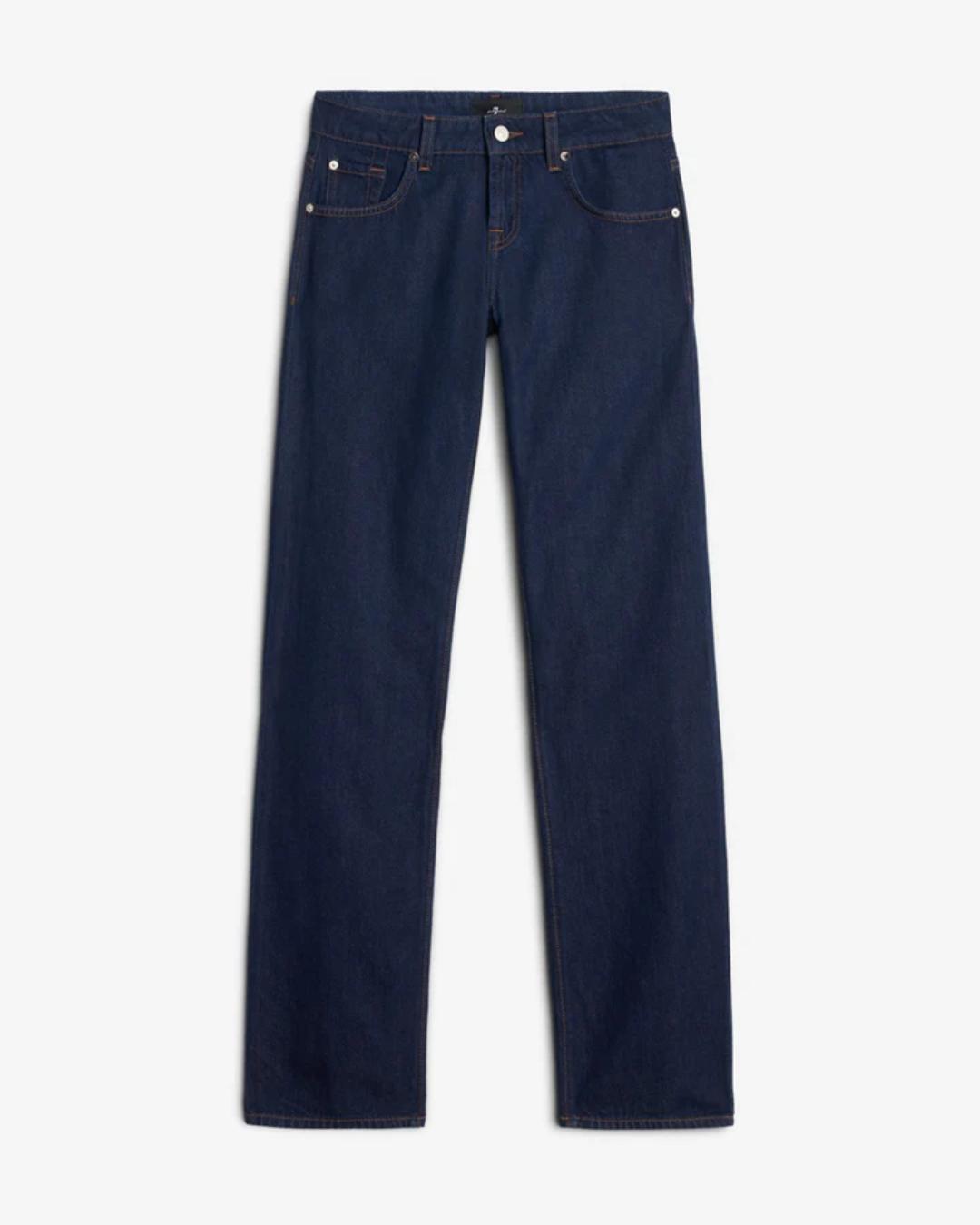 dark blue denim jeans with a straight leg