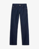 dark blue denim jeans with a straight leg