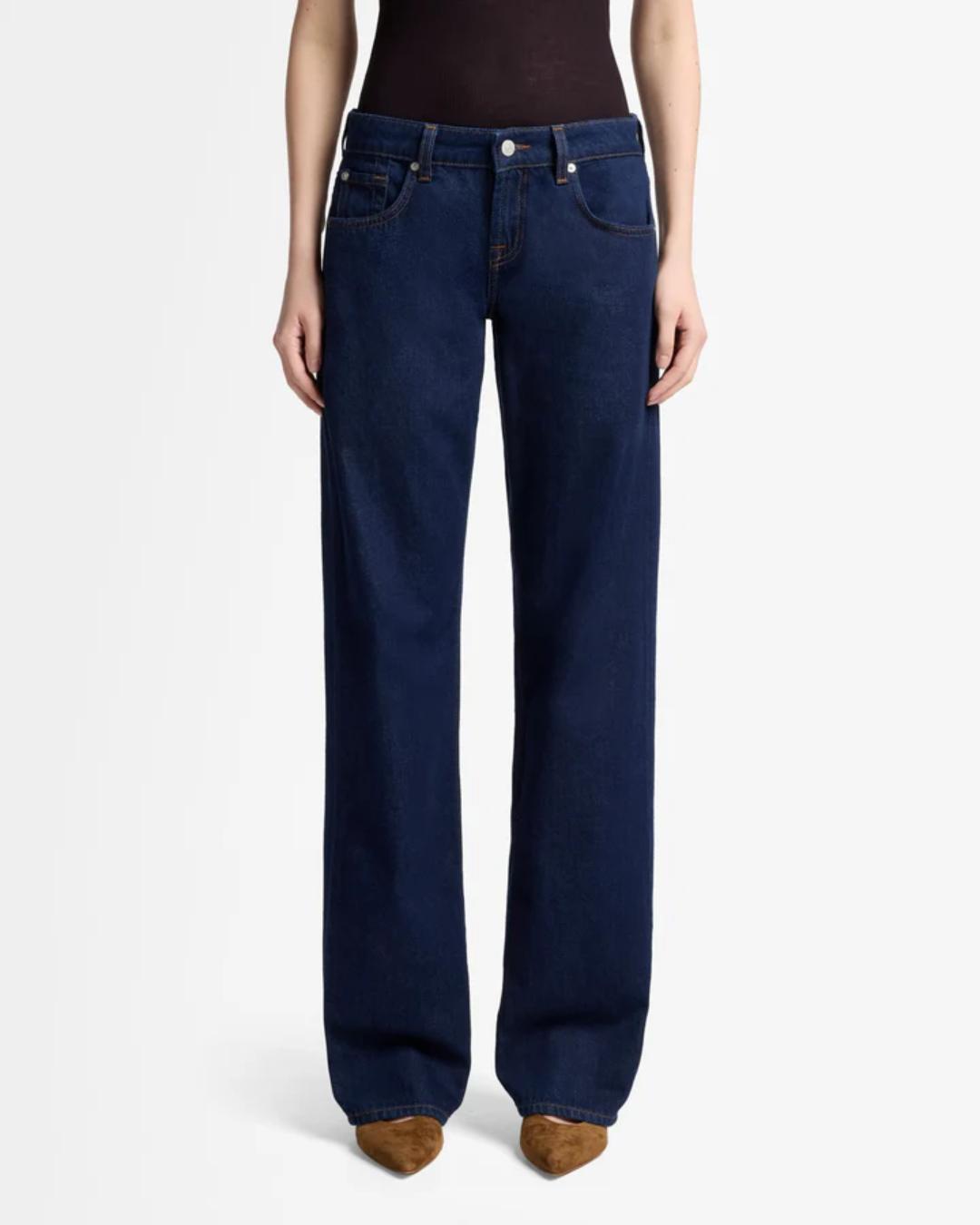 dark blue denim jeans with a straight leg