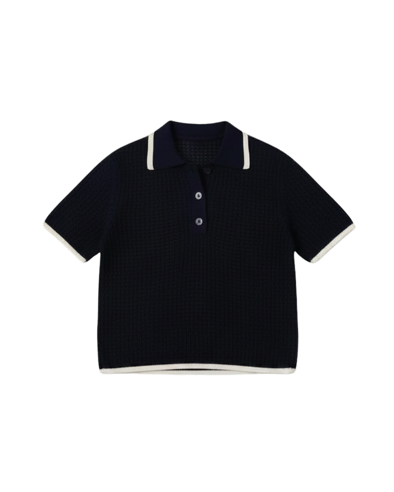 knit sweater polo short sleeve in navy with cream trim