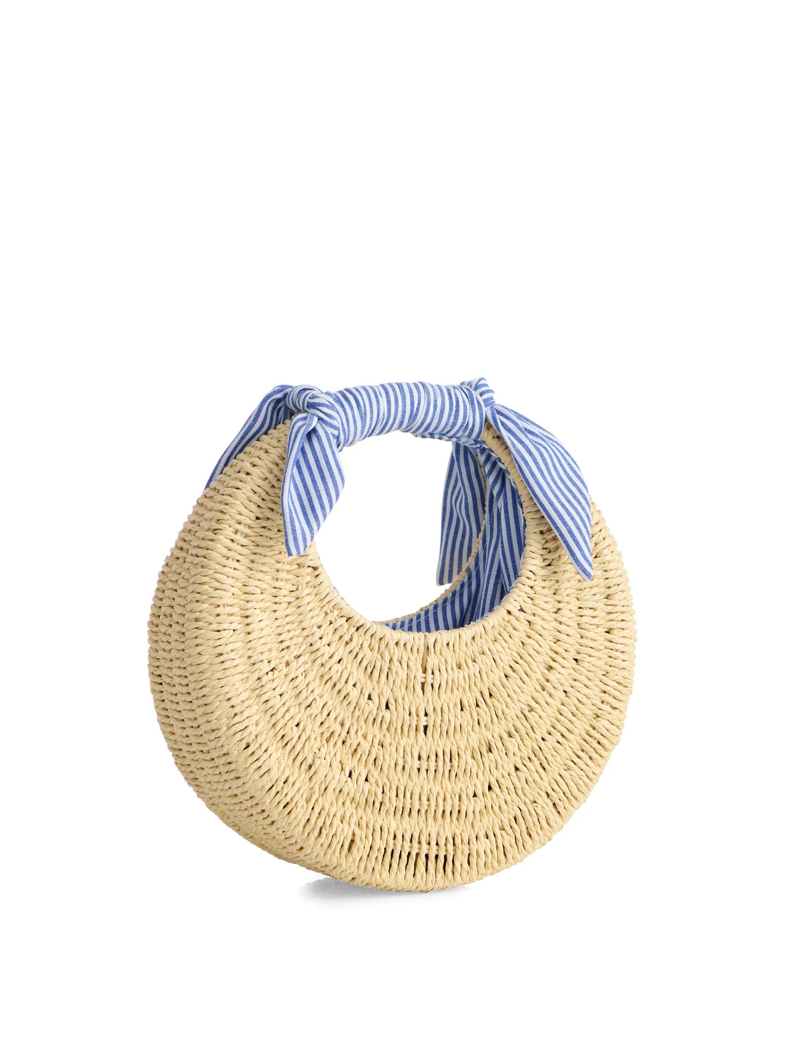 hand bag made out of straw with blue striped ties on the handle