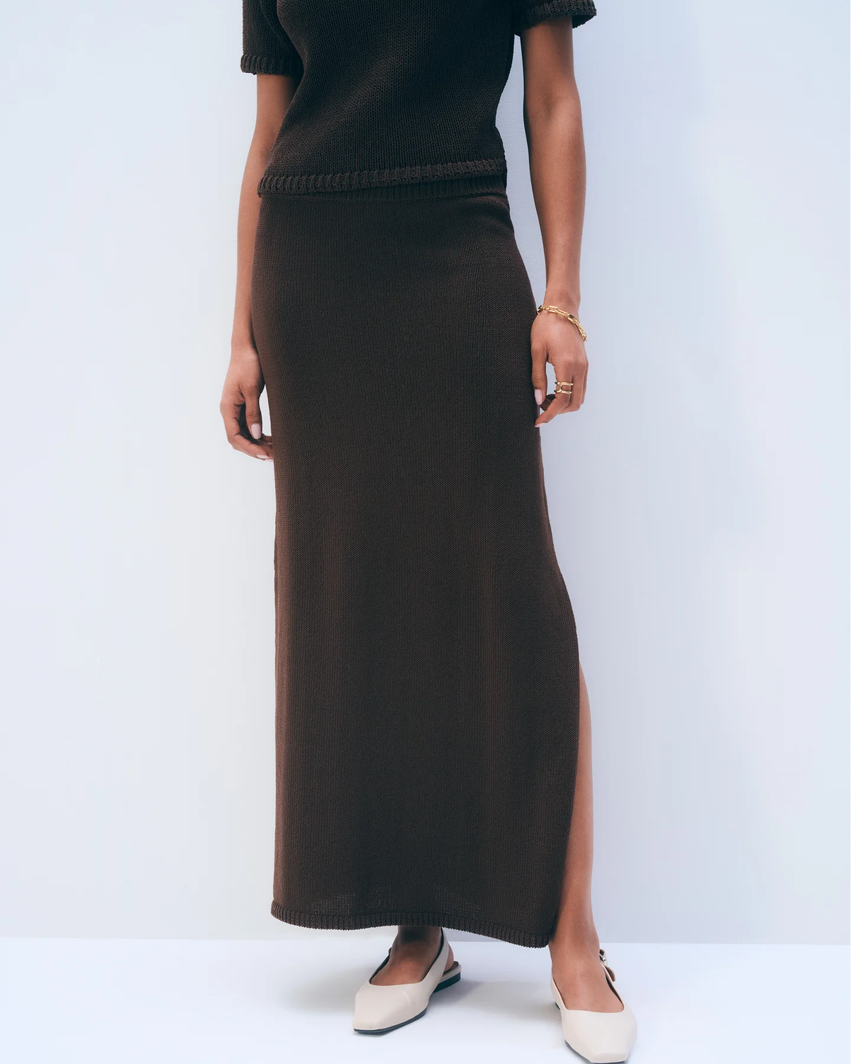 brown knit midi skirt with a slit