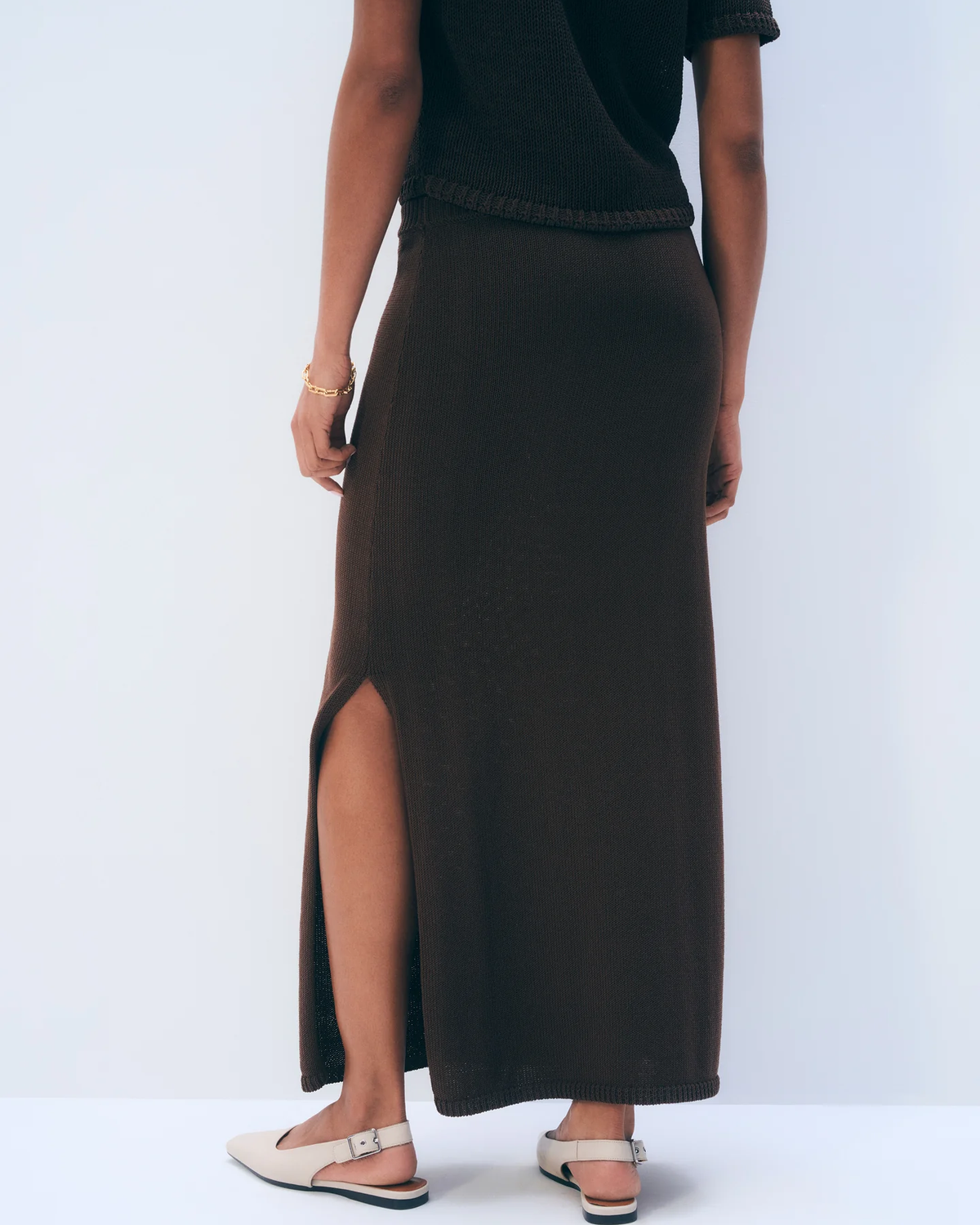 brown knit midi skirt with a slit