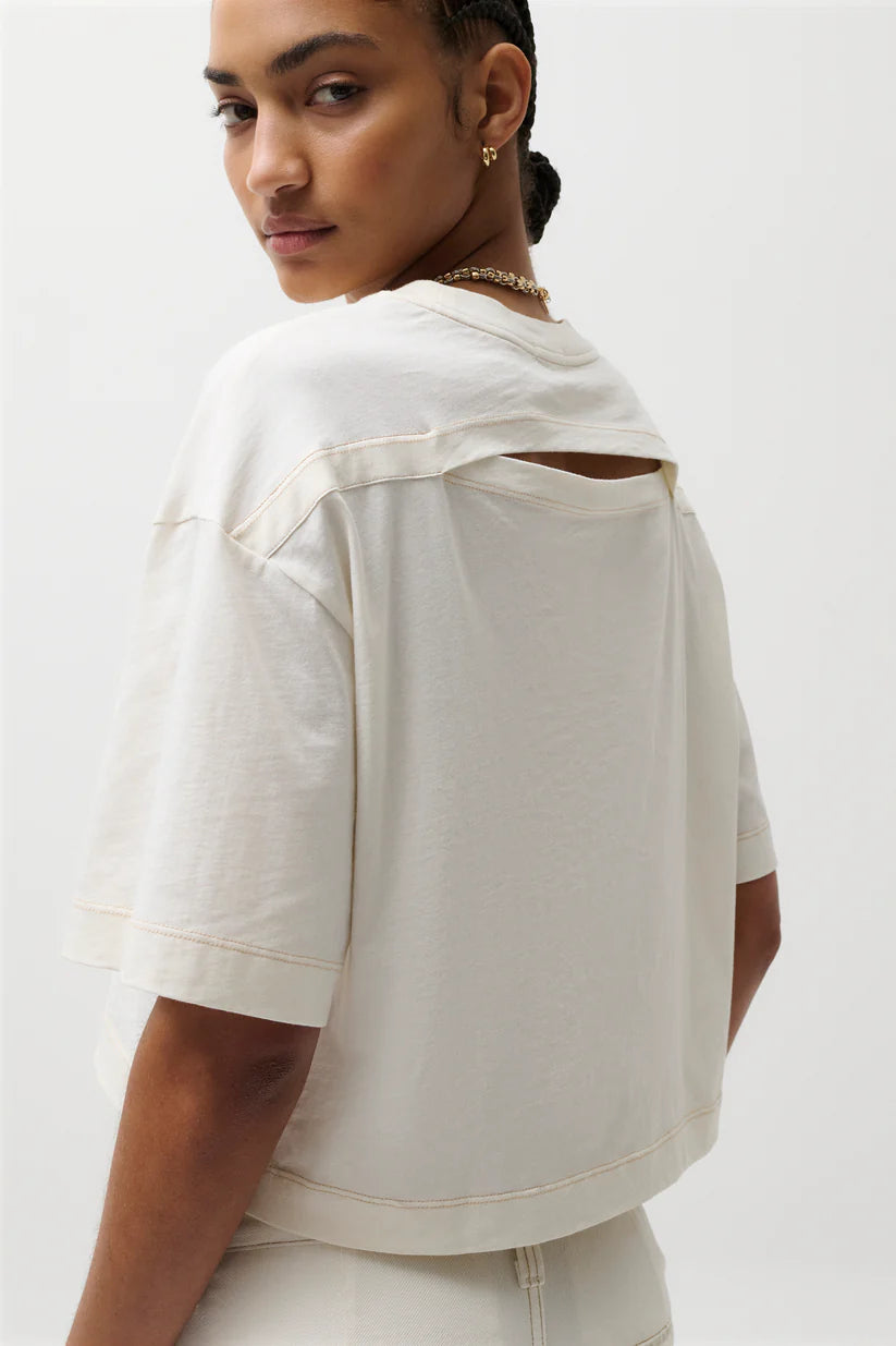 off white crop top with slit in the back