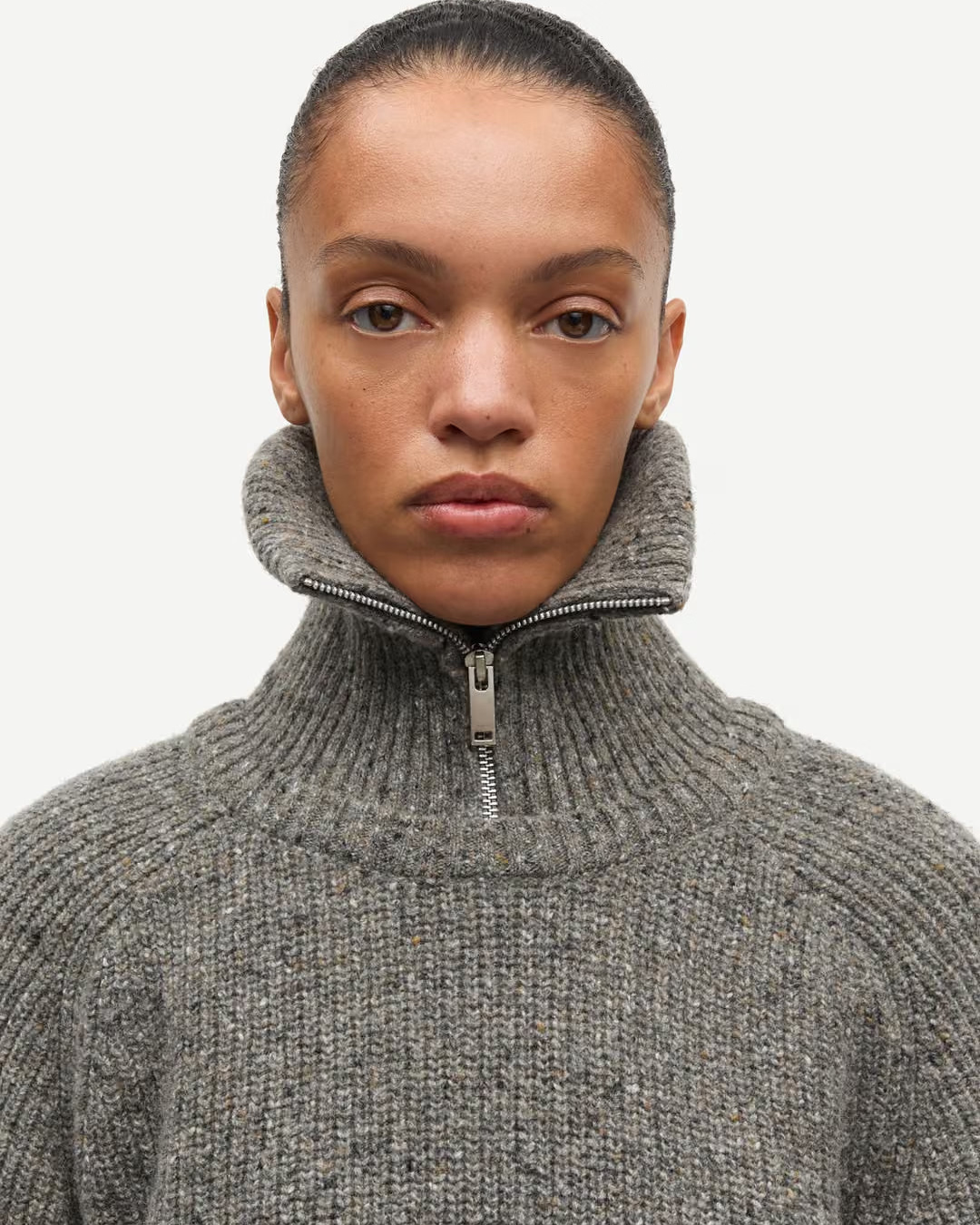 grey knit zip turtleneck sweater