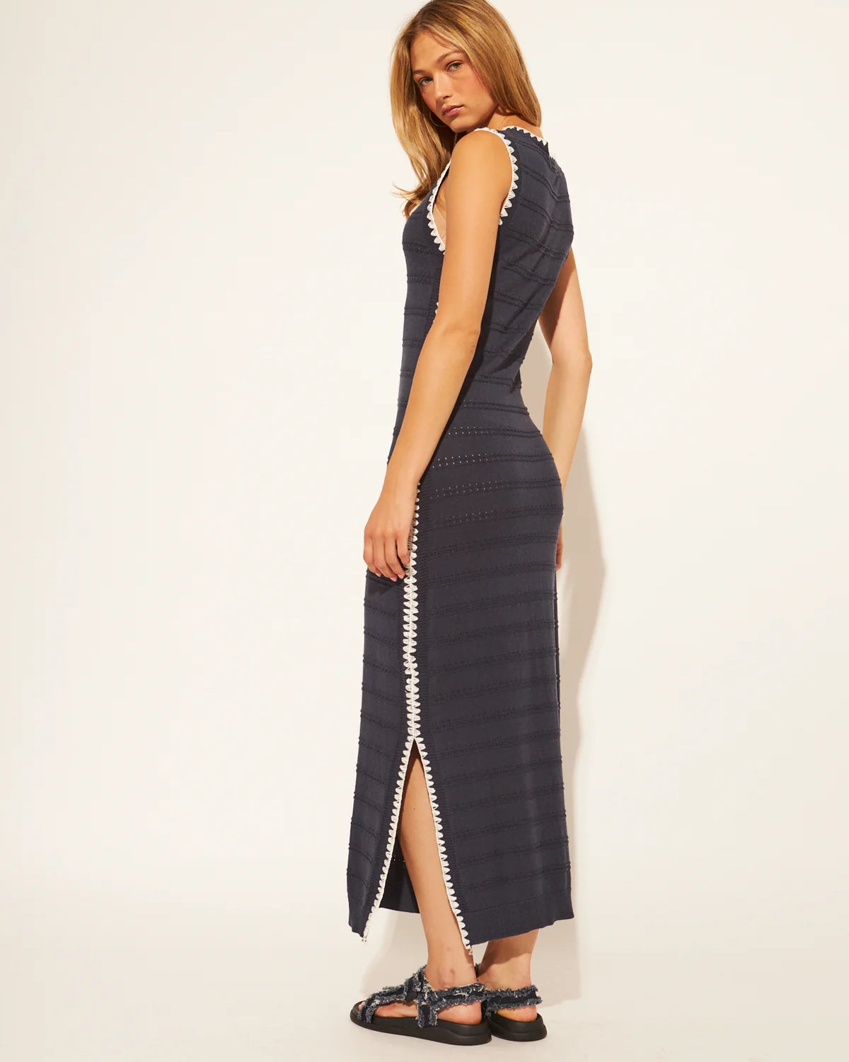 knit midi black dress with white outline