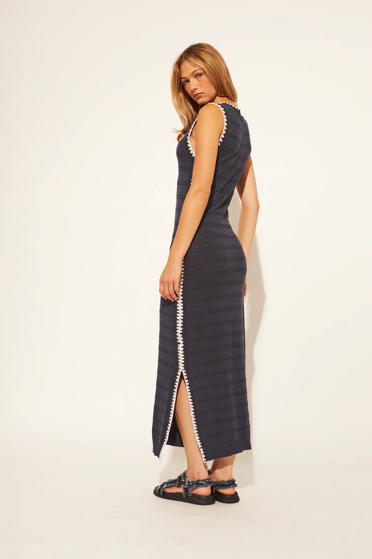 knit midi black dress with white outline