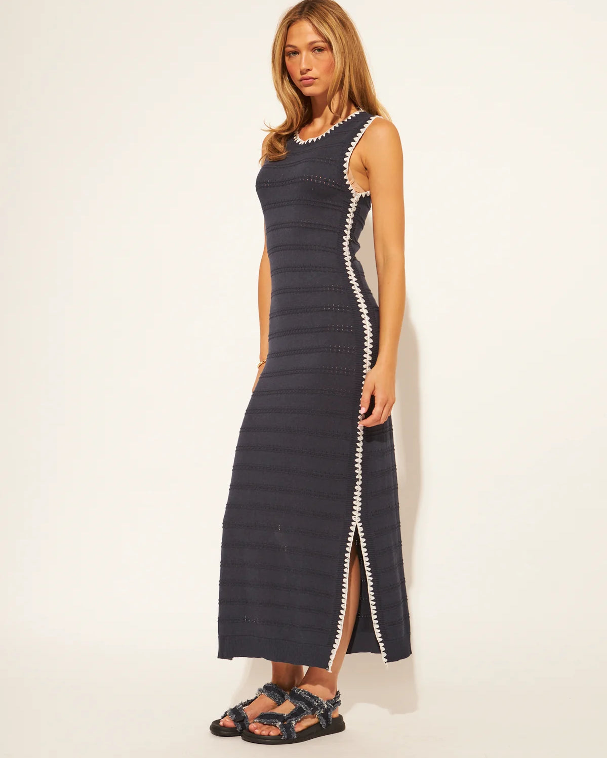 knit midi black dress with white outline