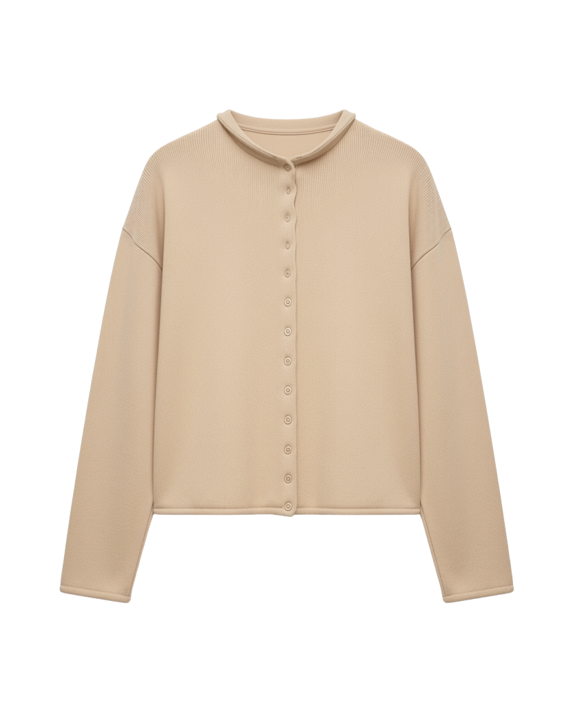 beige cardigan with a rolled hem