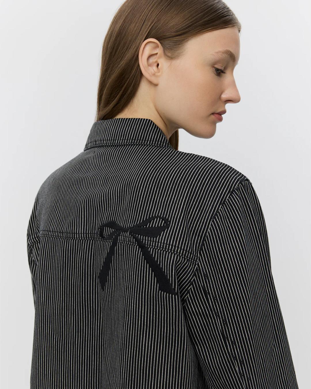 black striped jacket that ties in the front