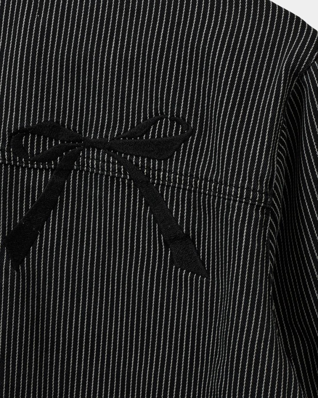 black striped jacket that ties in the front