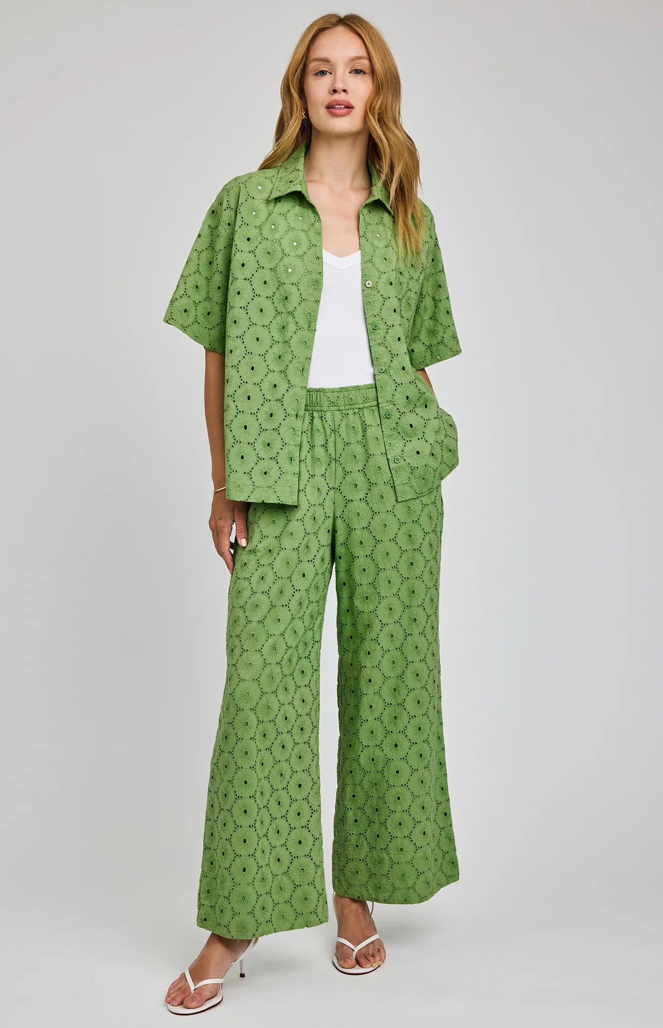 green eyelet pant