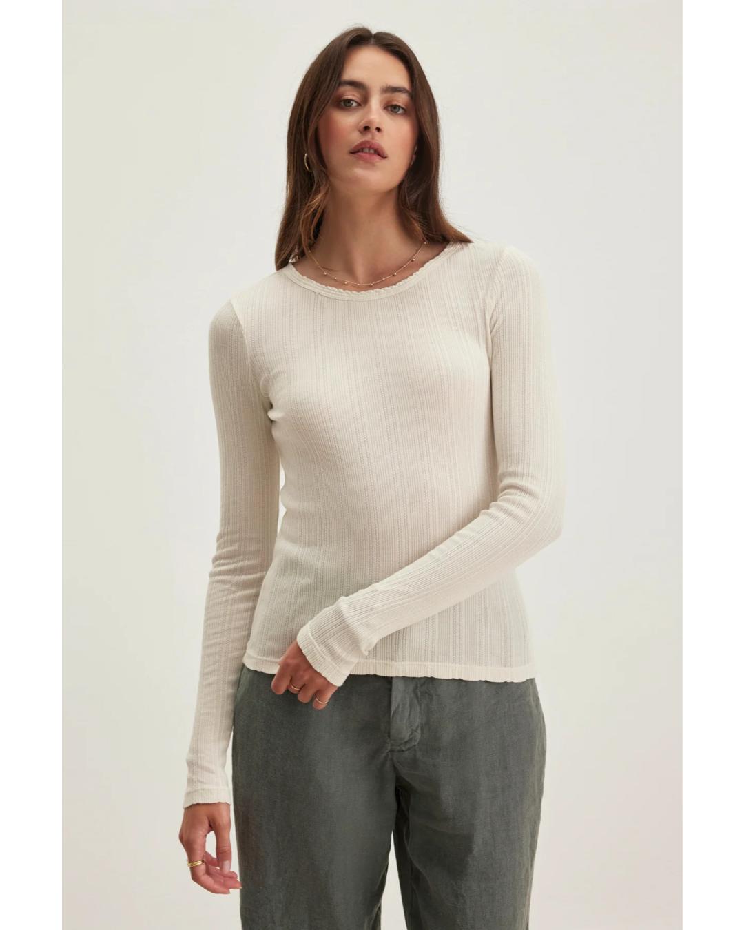 long sleeve pointelle top in cream