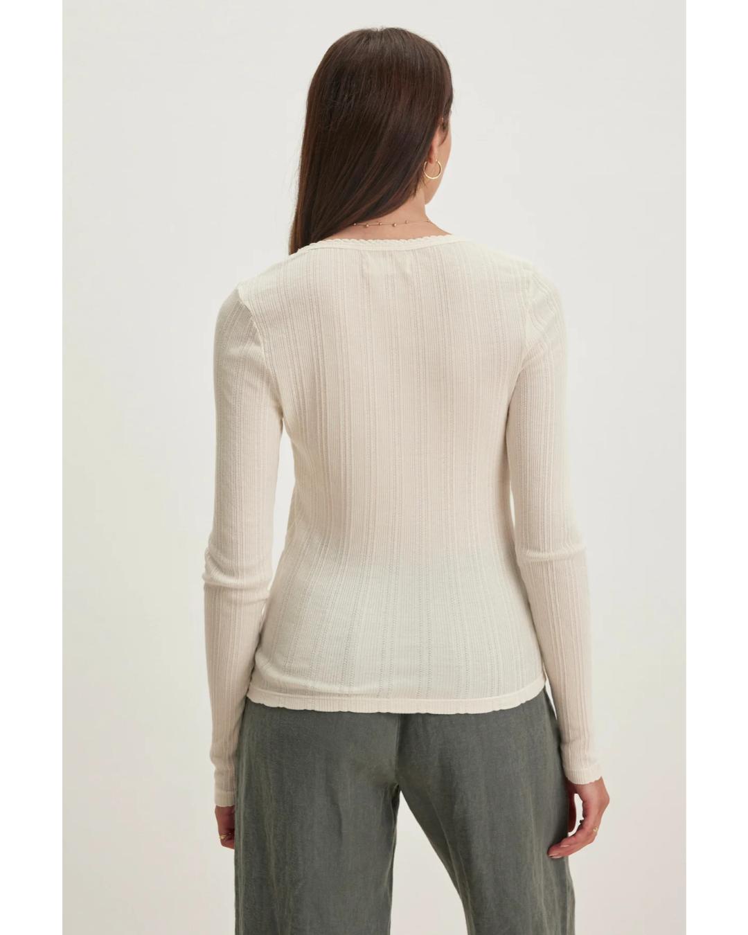 long sleeve pointelle top in cream