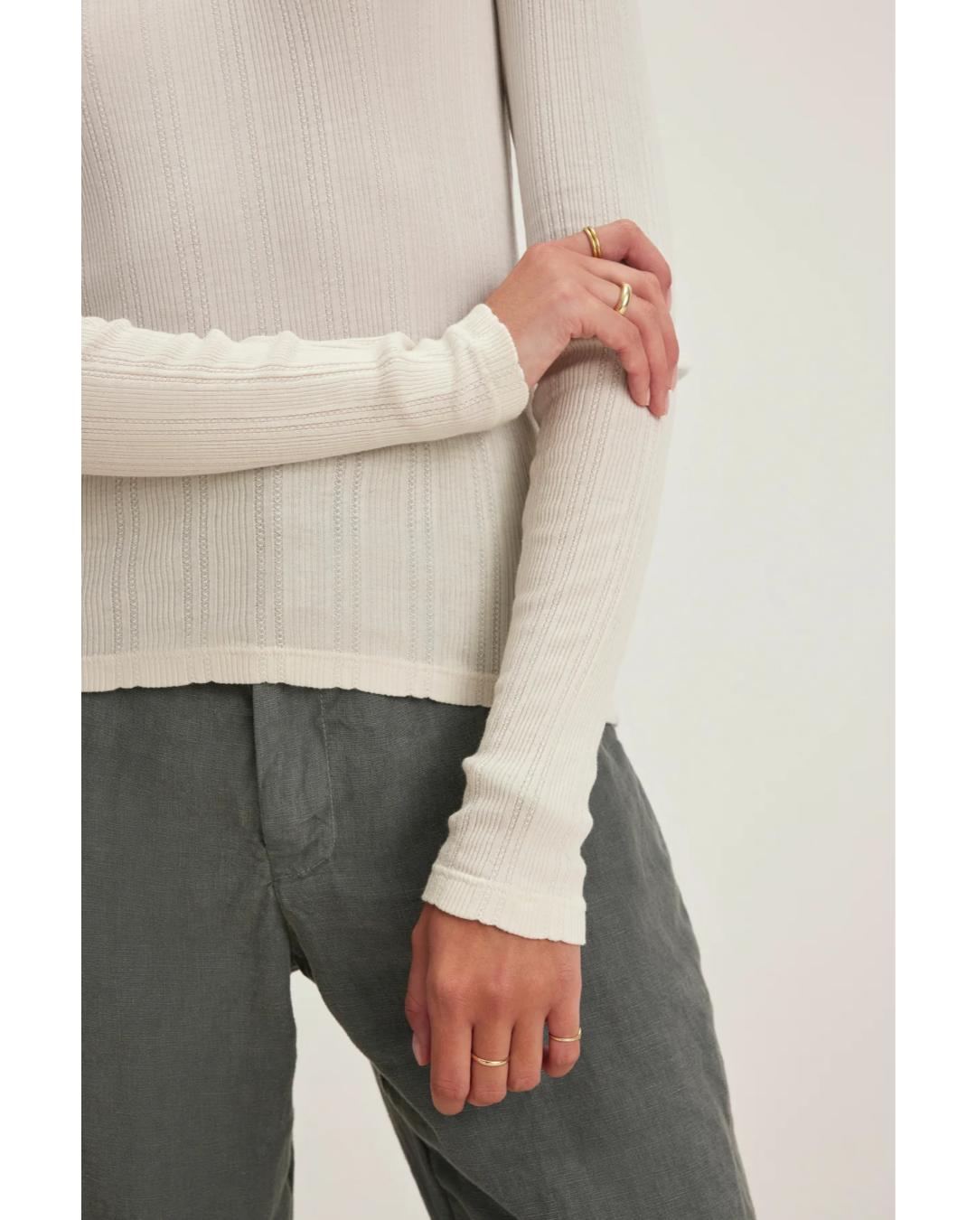 long sleeve pointelle top in cream