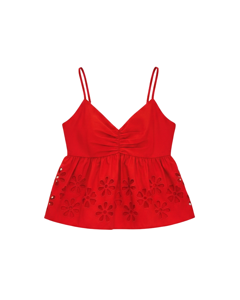 red tank top with eyelet detail