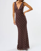 maxi dress in brown with white polka dots