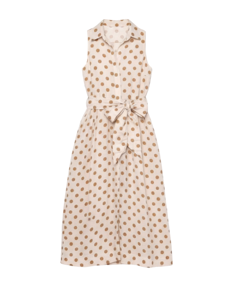 midi polka dot dress in cream and brown with a tie around the waist