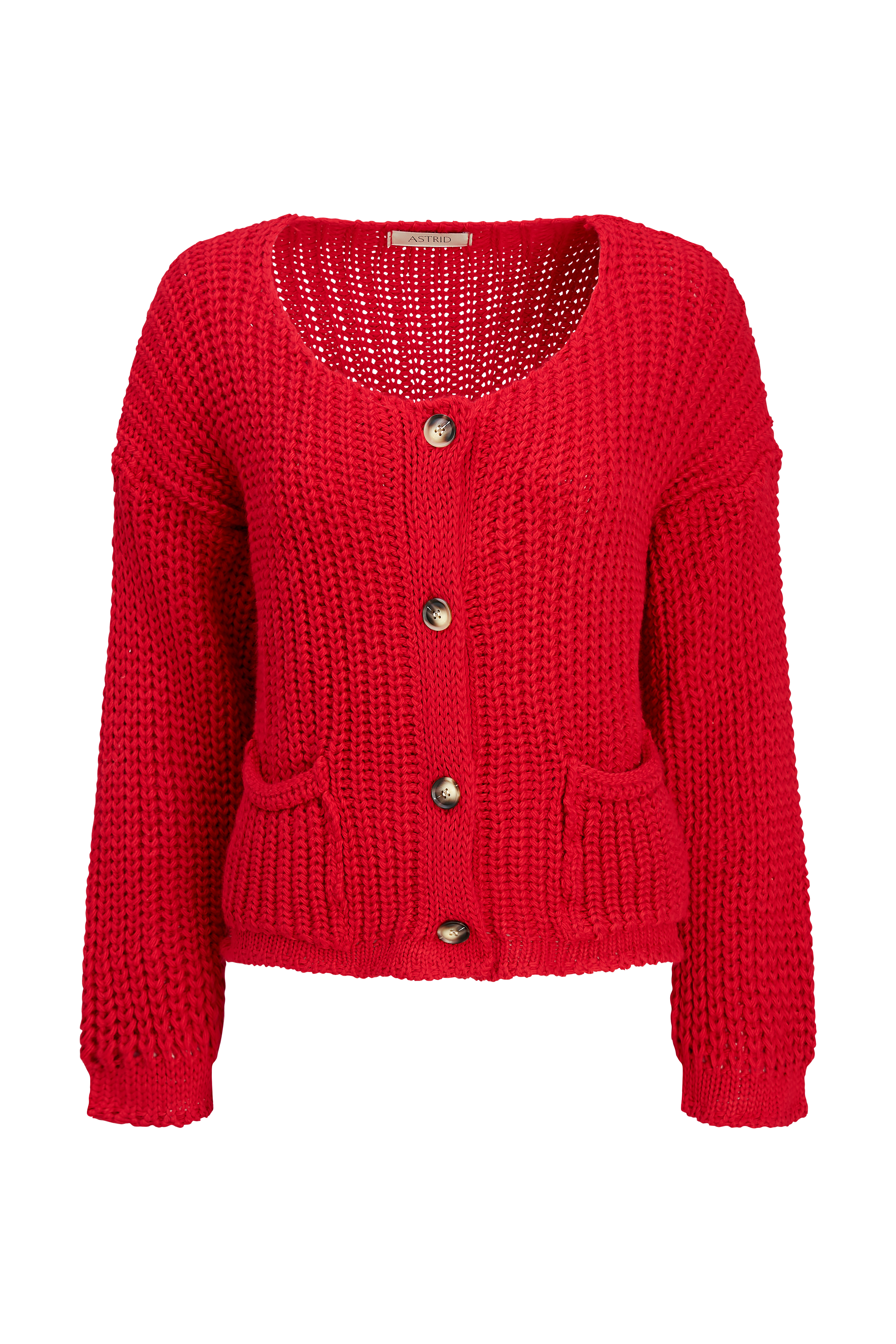 red knit cardigan