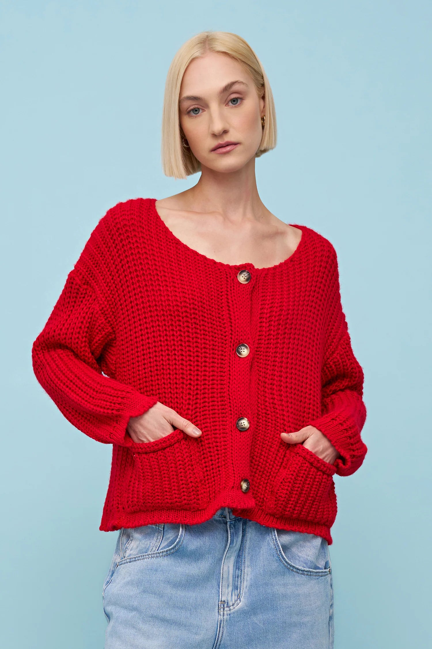 red knit cardigan