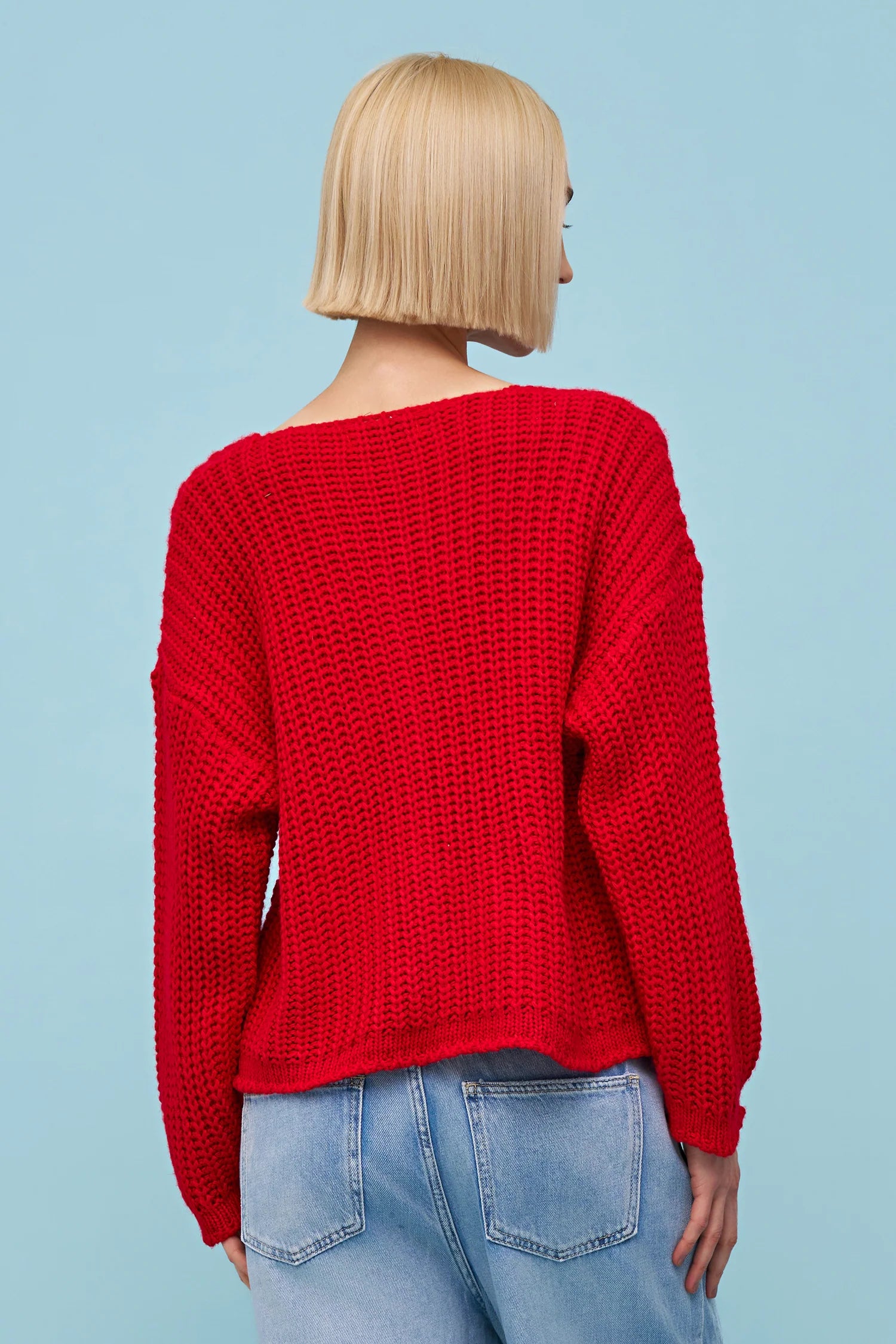 red knit cardigan