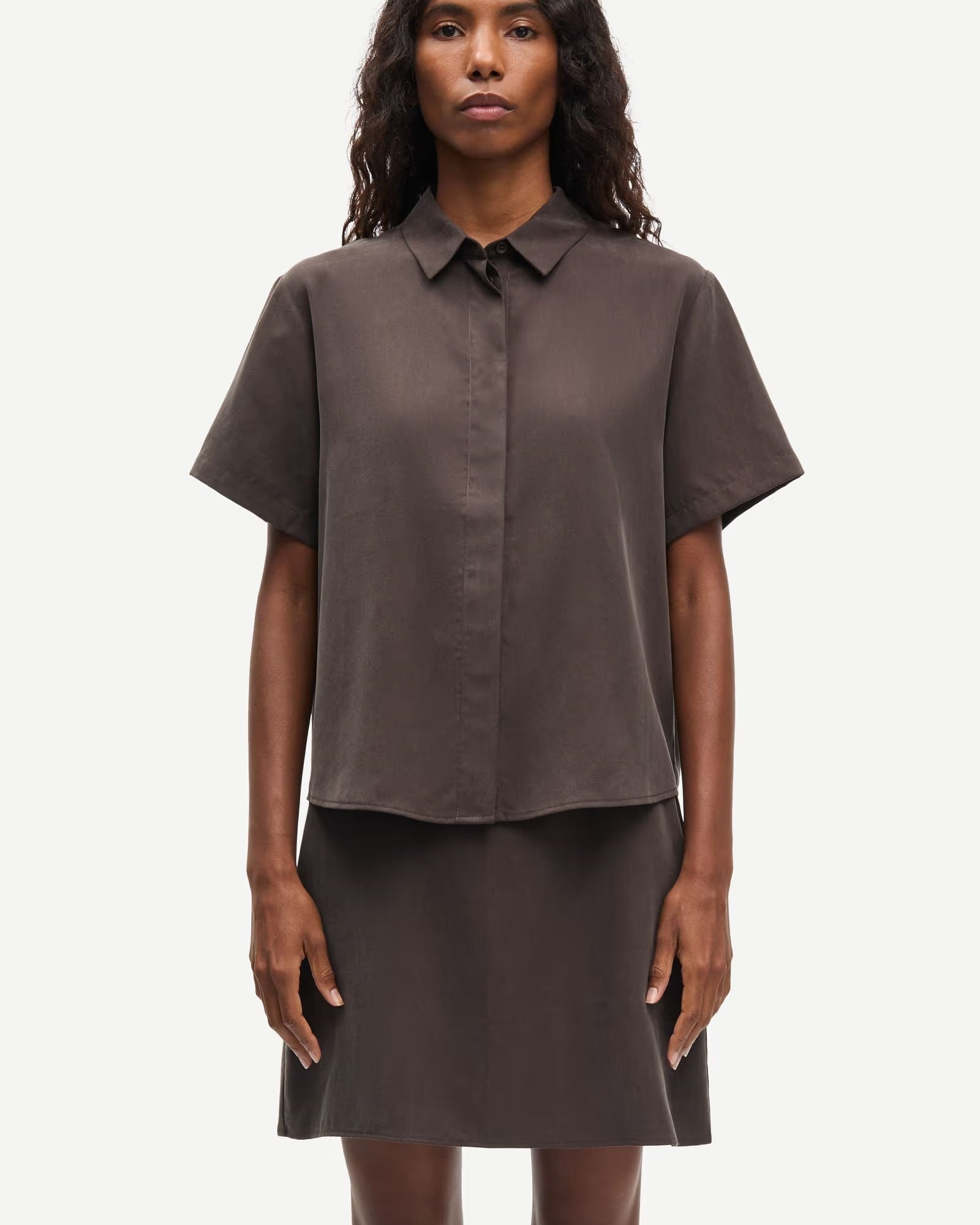 short sleeve brown button up