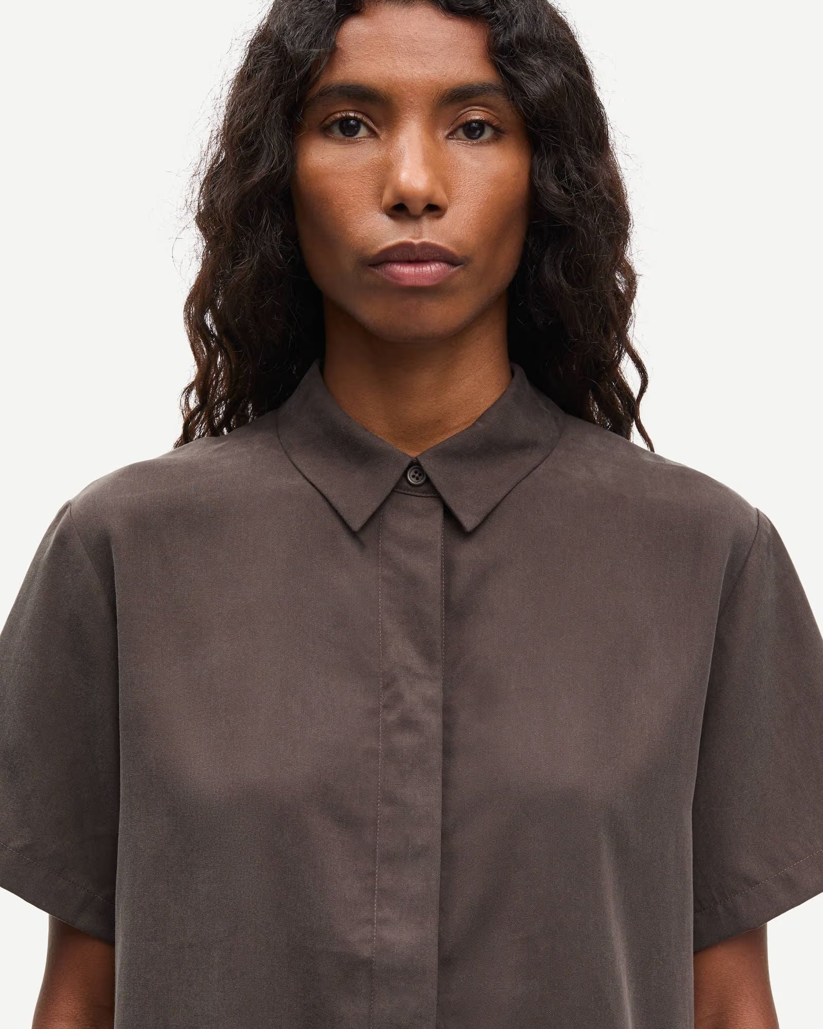short sleeve brown button up