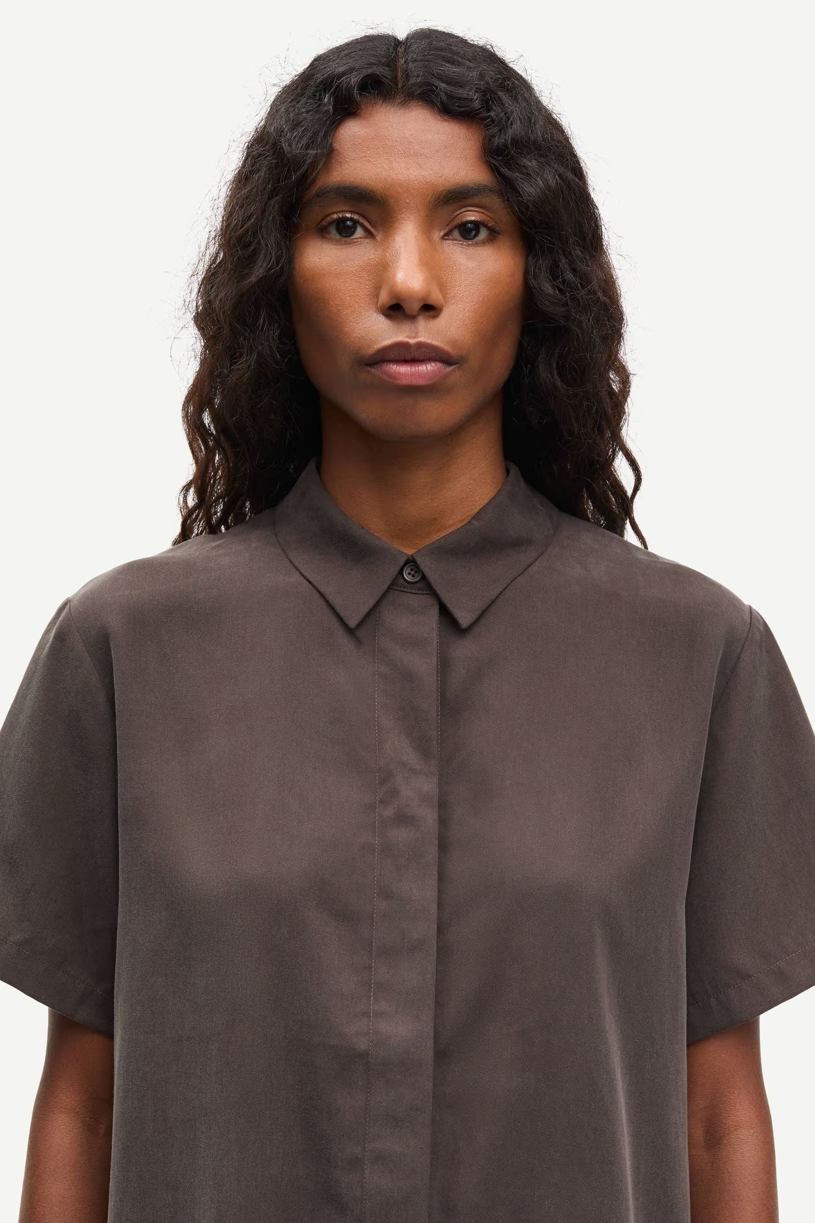 short sleeve brown button up