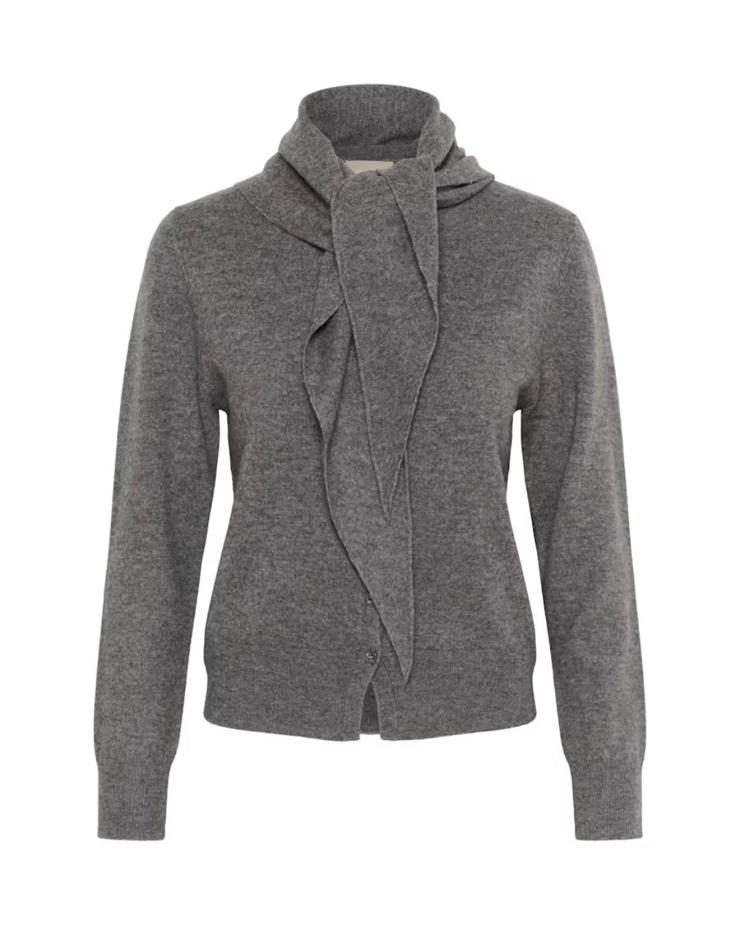 a grey button down cardigan sweater with a tie front scarf design